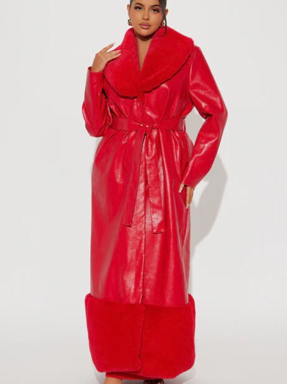 Fashion Nova Red Faux Fur Trim Long Coat - Women - Picture 3 of 5